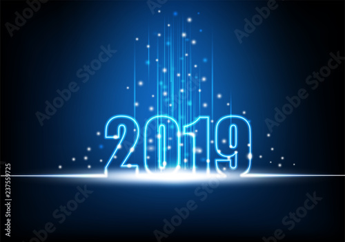 Happy New Year 2019, Futuristic technology abstract with glowing neon light with shiny beam and sparkles, Vector illustration
