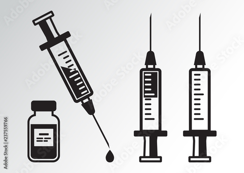 Black set of syringes for injection with vaccine, vial of medicine. Vector illustration