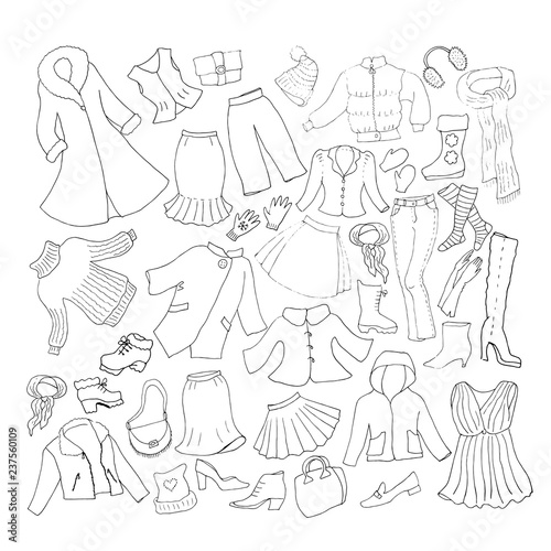Winter fashion woman's collection. Set of clothes, shoes and accessories. Vector illustration, hand drawn sketch.