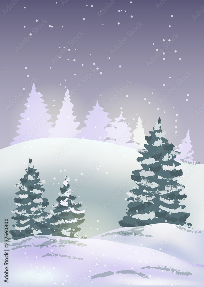 Winter night landscape with snow flakes, hills and fir trees. Holiday Christmas and New Year background. Vector illustration.