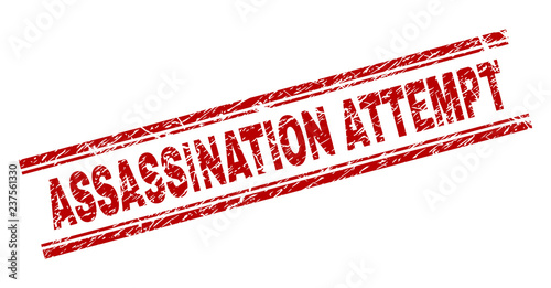 ASSASSINATION ATTEMPT seal print with grunge style. Red vector rubber print of ASSASSINATION ATTEMPT tag with grunge texture. Text label is placed between double parallel lines.