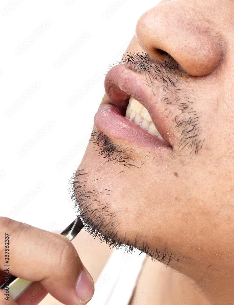 man pull mustache by tweezers on white background Stock Photo | Adobe Stock