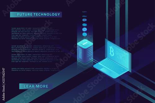 Cryptocurrency and blockchain illustration. Bitcoin mining farm. Artificial intelligence and machine learning. Concept for landing page for creating digital currency.