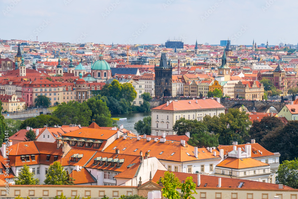 View over historic center of Prague with castle Prague city panorama, red roofs of Prague, Czech Republic