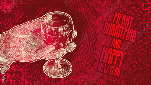 Design Merry Christmas and Happy New Year Greeting Card with With Woman's Hand In Glove With A Glass Of Wine. Hand Drawn Background. aspect ratio 16:9. Vector Illustration