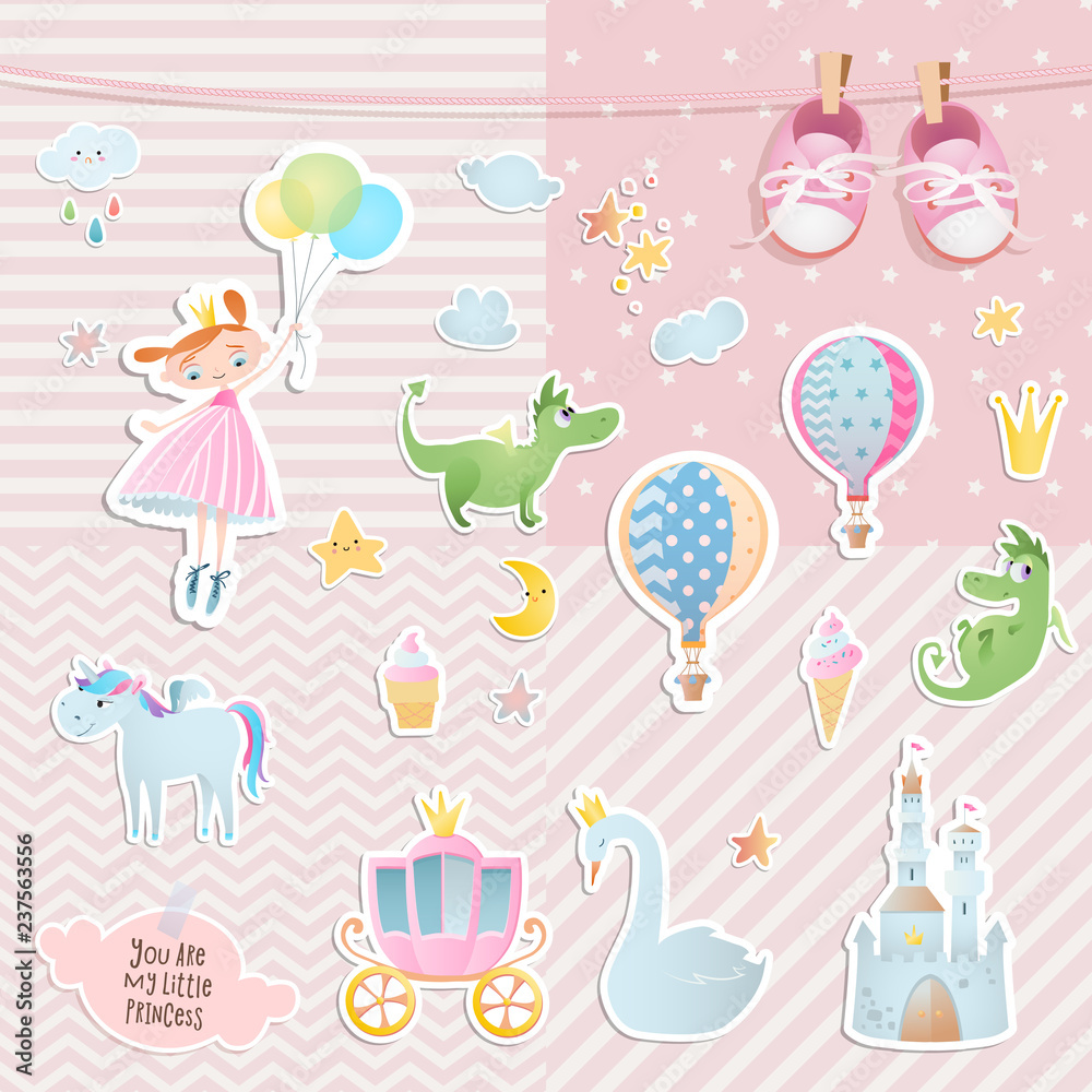 Set of elements for baby shower design with a princess and a unicorn. Paper, scrapbook.  