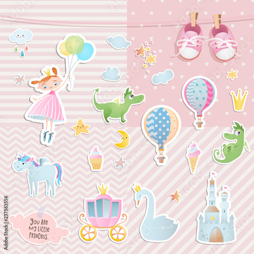 Set of elements for baby shower design with a princess and a unicorn. Paper, scrapbook.  
