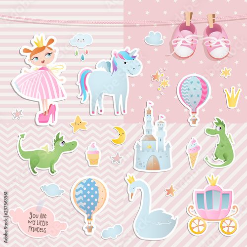 Set of elements for baby shower design with a princess and a unicorn. Paper, scrapbook.