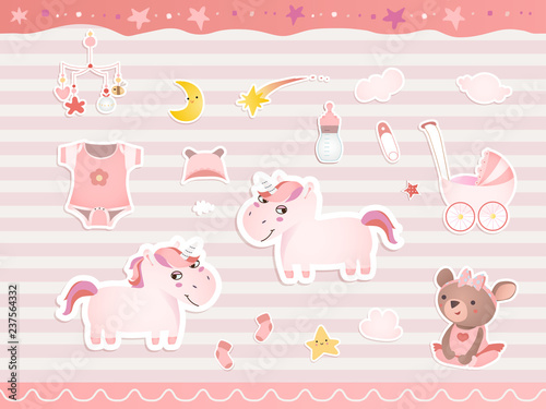 Set of elements for baby shower design with a teddy bear, unicorns, gumshoes. Paper, scrapbook.  