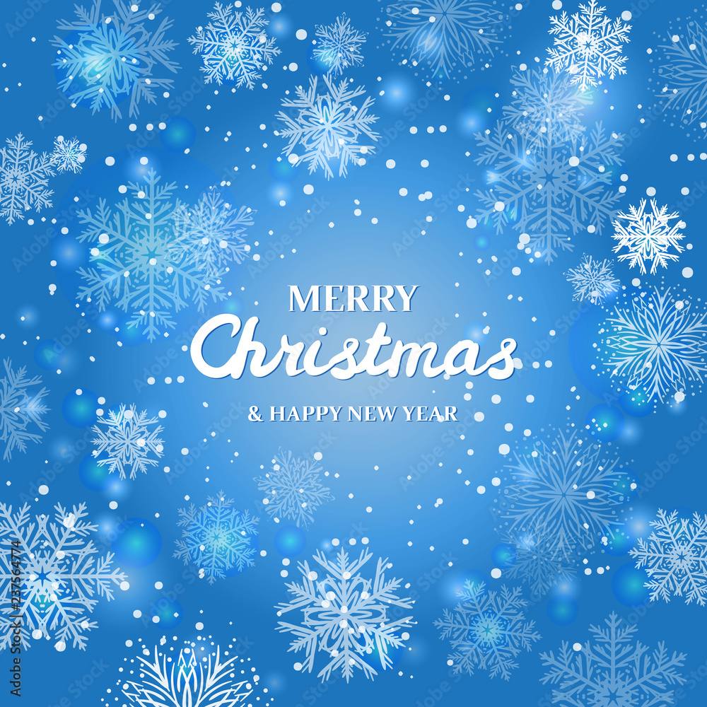 White snowflakes on blue background. Merry Christmas Greetings card White snowflakes on blue background. Merry Christmas Greetings card