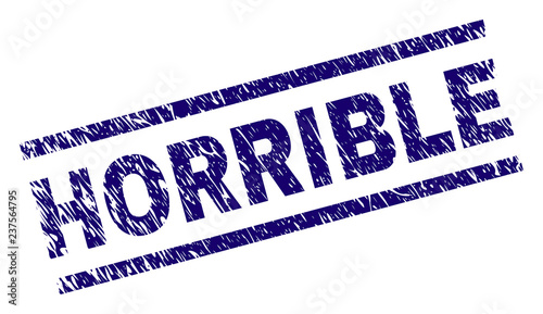 HORRIBLE seal print with scratced style. Blue vector rubber print of HORRIBLE text with unclean texture. Text title is placed between parallel lines.