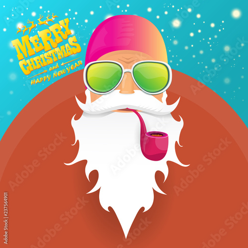 vector rock n roll santa claus with smoking pipe, santa beard and funky santa hat. Christmas hipster poster for party or greeting card. vector bad santa xmas poster background