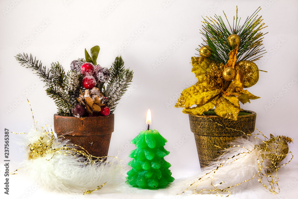 Christmas arrangement of Christmas trees in pots, a burning candle and fluffy feathers. Christmas arrangement of Christmas trees in pots, a burning candle and fluffy feathers.