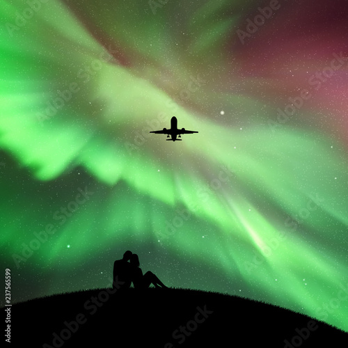 Lovers and flying aircraft in park at night. Vector illustration with silhouette of couple sitting on hill. Northern lights in starry sky. Colorful aurora borealis