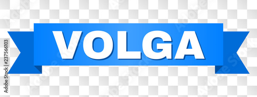 VOLGA text on a ribbon. Designed with white caption and blue stripe. Vector banner with VOLGA tag on a transparent background.