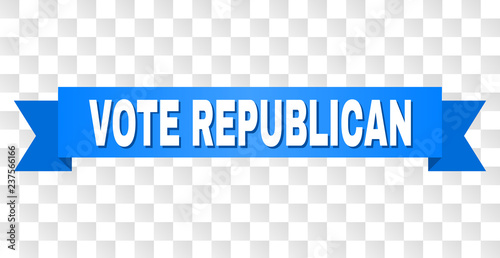 VOTE REPUBLICAN text on a ribbon. Designed with white caption and blue stripe. Vector banner with VOTE REPUBLICAN tag on a transparent background.