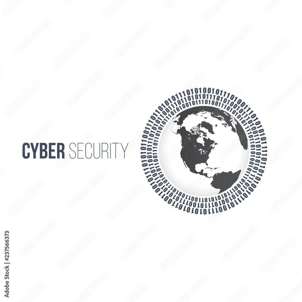 abstract technology concept cyber security with circle world and digital binary circles around it. Vector illustration isolated on white background.