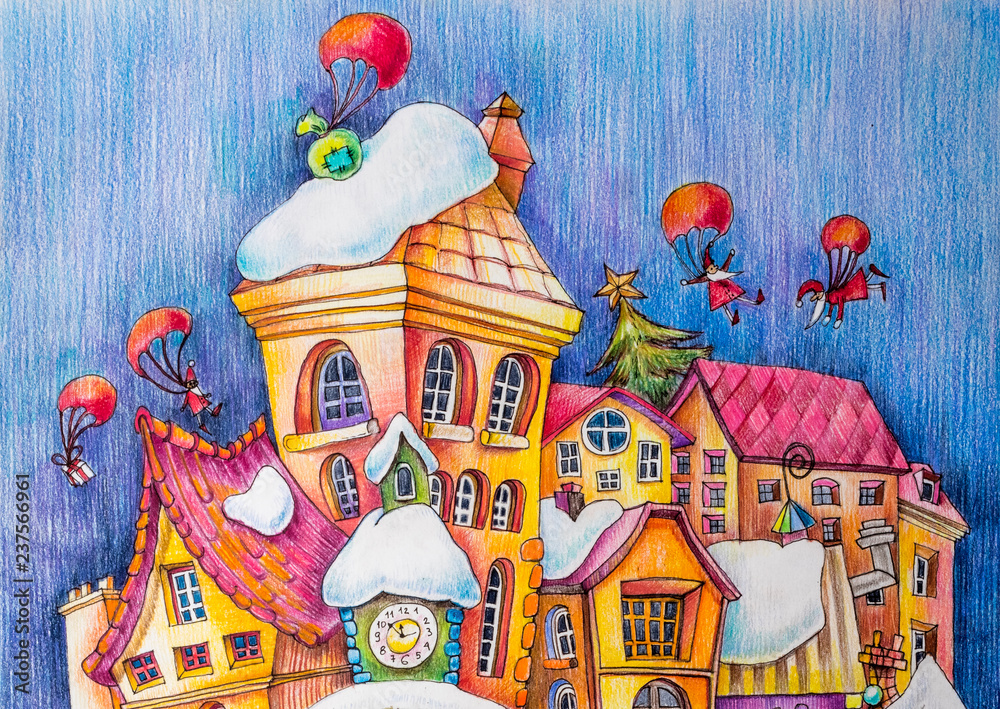 Roofs of a fabulous city in the snow. Gifts on parachutes fly over the houses. Cartoon characters. Illustrations Stock Illustration | Adobe Stock Roofs of a fabulous city in the snow. Gifts on parachutes fly over the houses. Cartoon characters. Illustrations Stock Illustration | Adobe Stock
