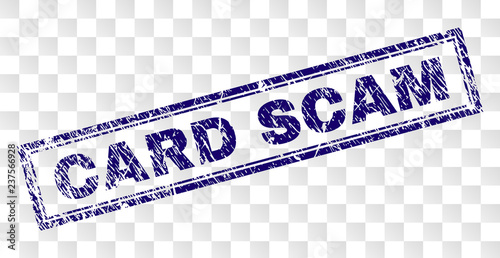 CARD SCAM stamp seal print with rubber print style and double framed rectangle shape. Stamp is placed on a transparent background. Blue vector rubber print of CARD SCAM title with scratched texture.