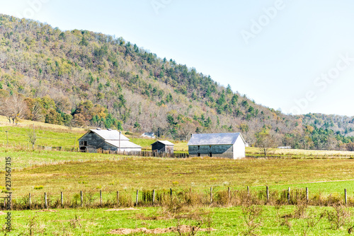 Rural West Virginia farm countryside mountain scenery in Green Bank, WV in autumn, fall wooden building shed