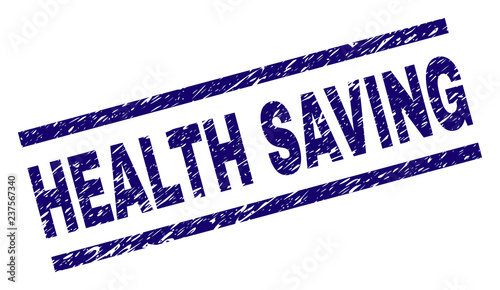 HEALTH SAVING seal print with grunge style. Blue vector rubber print of HEALTH SAVING text with unclean texture. Text title is placed between parallel lines.