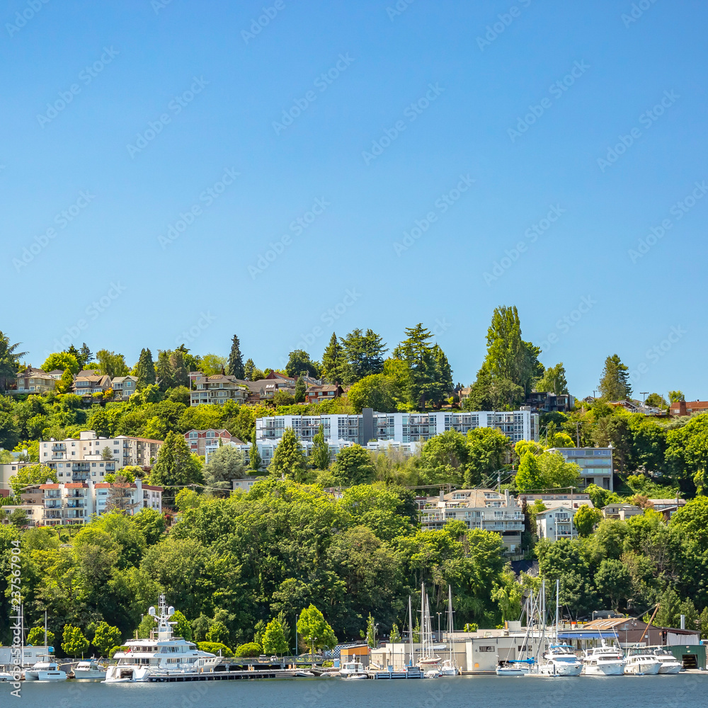 Fototapeta premium Seattle coastal houses and boats in Union Lake