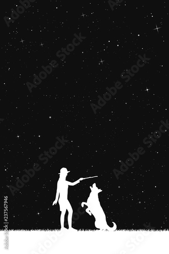 Girl trains dog in park at night. Vector illustration with silhouettes of woman and pet under starry sky. Inverted black and white