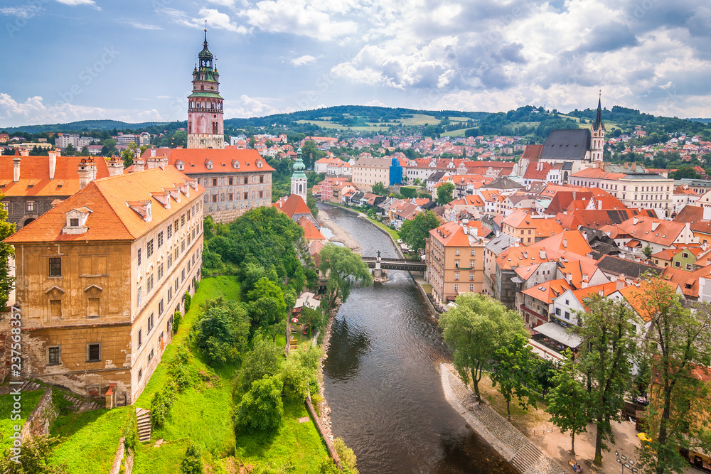 View of medieval city Cesky Krumlov with the castle and Vltava river, Czech republic, Europe View of medieval city Cesky Krumlov with the castle and Vltava river, Czech republic, Europe