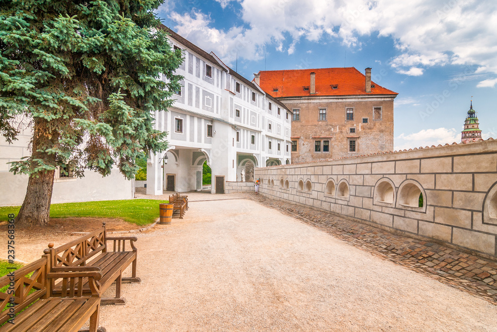 Castle courtyard with Cloak Bridge, Cesky Krumlov, Czech Republic, Europe.