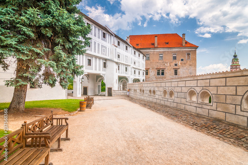 Castle courtyard with Cloak Bridge  Cesky Krumlov  Czech Republic  Europe.