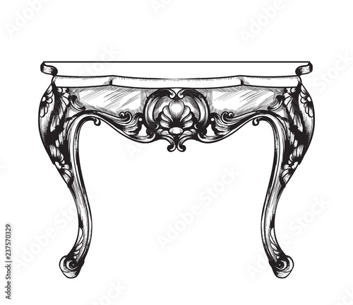 Classic table furniture Vector. Detailed front view with engraved ornament de...