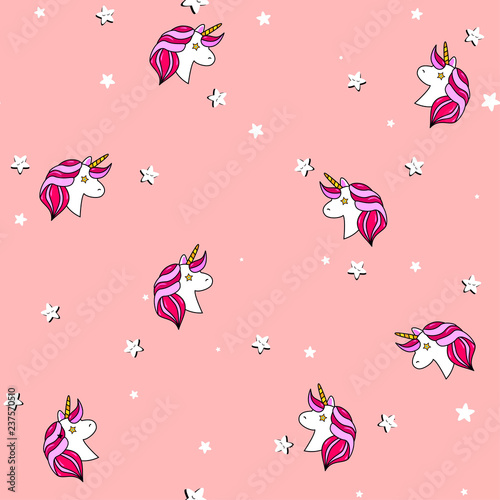 Seamless pattern with unicorn  Pegasus  pony head and stars.Cute  lovely magic background.Fantasy wallpaper. Vector illustration.Vector comic print in pop retro artstyle. Abstract background for girls