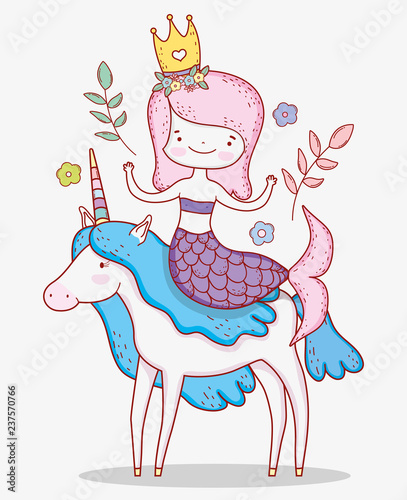 mermaid woman ride unicorn with plants leaves