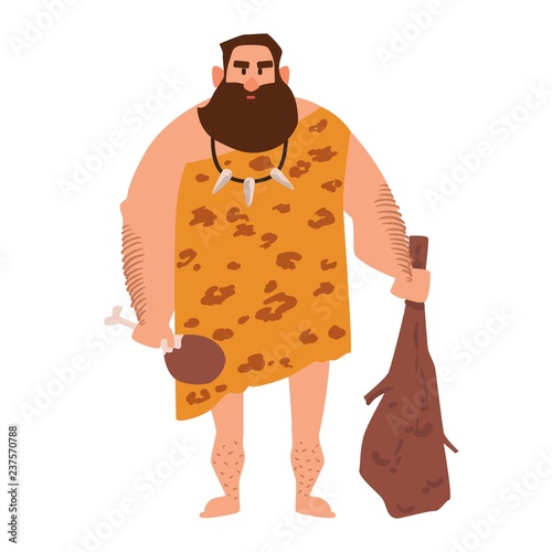 Primitive archaic man dressed in clothes made of animal skin and holding cudgel. Caveman from Stone Age. Male character isolated on white background. Colored vector illustration in flat cartoon style.