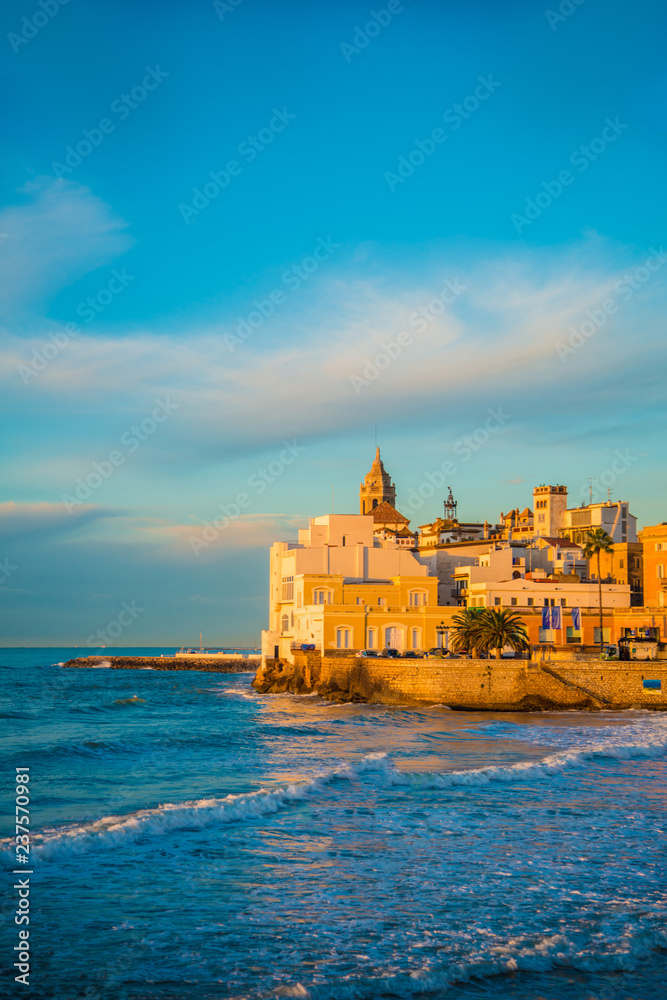 Fototapeta premium Spanish Beach Resort in Barcelona, Spain. Sitges area is known as a beach resort town.