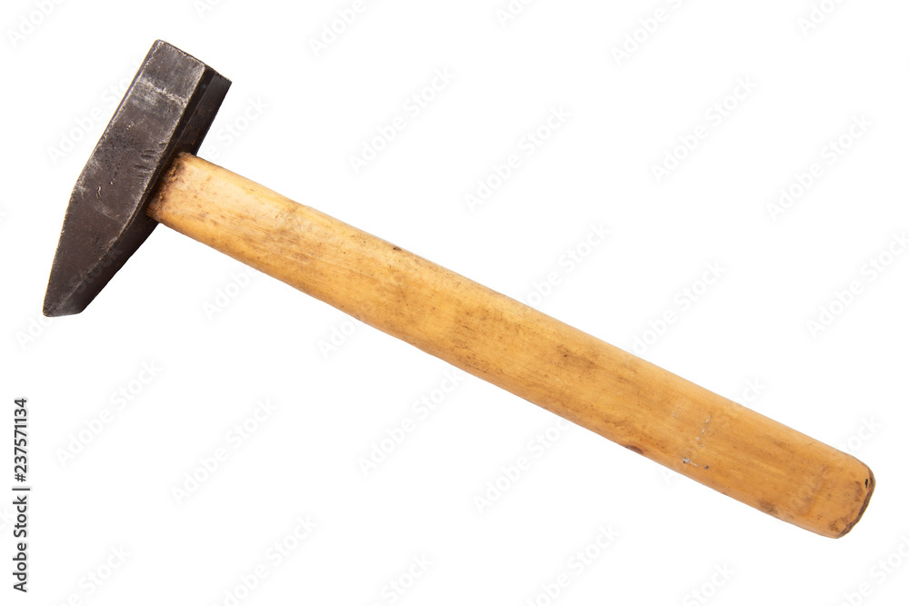 Old sledge hammer with wooden handle on a white