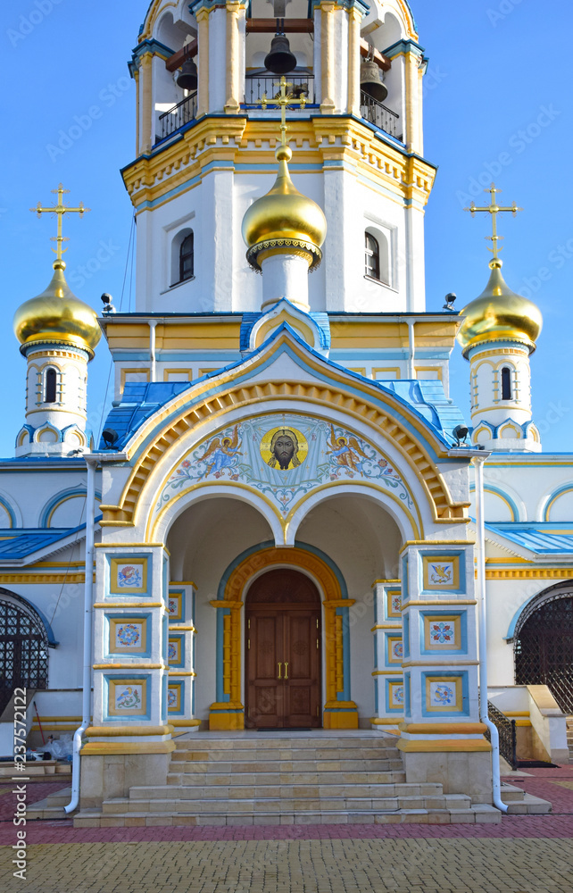 Fototapeta premium Construction of the Church of the Mother of God 