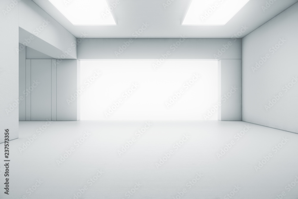 Empty abstract white room with the gate and glowing light. Interior concept background. 3d illustration Empty abstract white room with the gate and glowing light. Interior concept background. 3d illustration