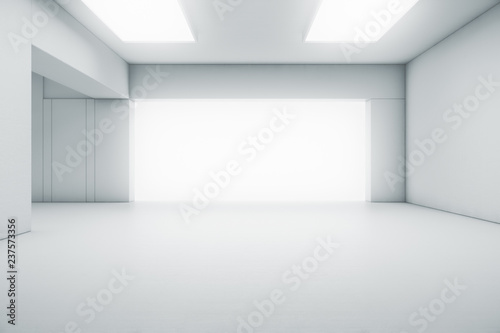 Fototapeta Naklejka Na Ścianę i Meble -  Empty abstract white room with the gate and glowing light. Interior concept background. 3d illustration
