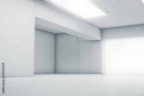 Empty abstract white room with the gate and glowing light. Interior concept background. 3d illustration © Chanchai
