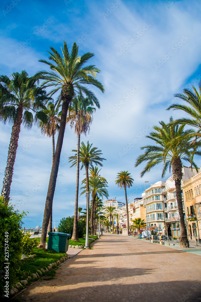 Fototapeta premium Spanish Beach Resort in Barcelona, Spain. Sitges area is known as a beach resort town.