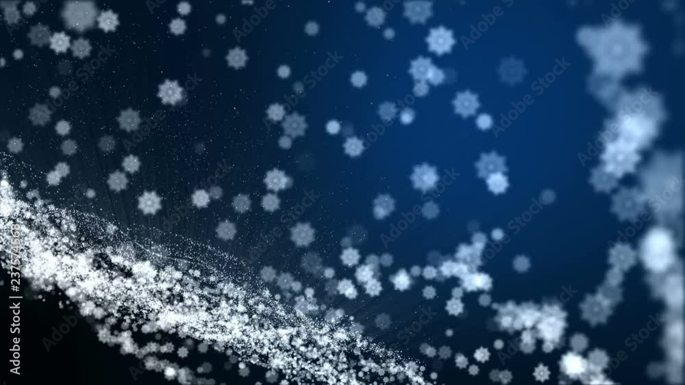 Seamless loop,Dark blue background, digital signature with sparkling snow flake white particles, and areas with depth of field. 