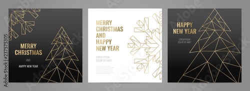 Luxury christmas party Invitation template with gold frame and black background. Geometric shape.