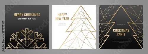 Luxury christmas party Invitation template with gold frame and black background. Geometric shape.