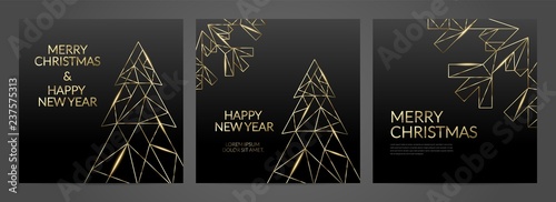 Luxury christmas party Invitation template with gold frame and black background. Geometric shape.