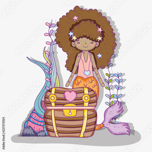 mermaid woman with plants leaves and coffer