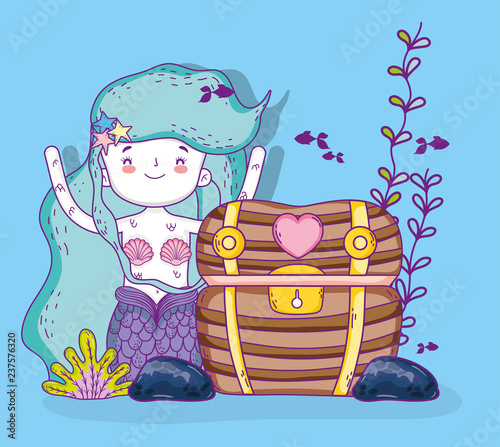 mermaid woman with coffer and plants with fishes