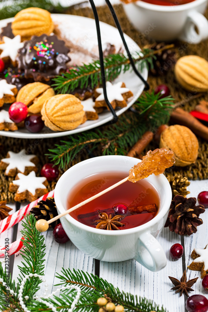 Christmas Background Tea Time. Selective focus.
