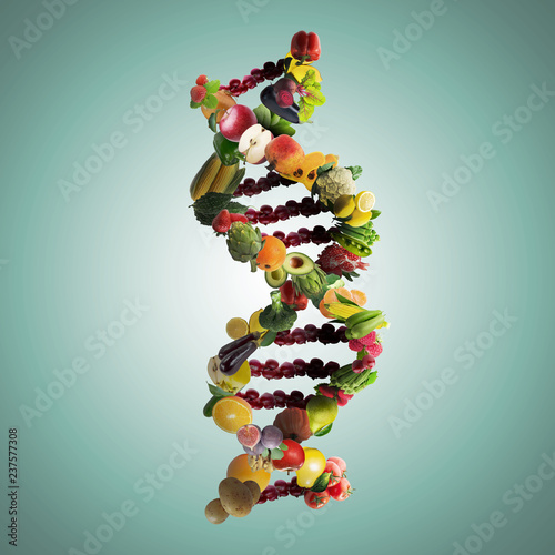 Nutrigenetics concept DNA strand made with healthy fresh vegetables and fruits