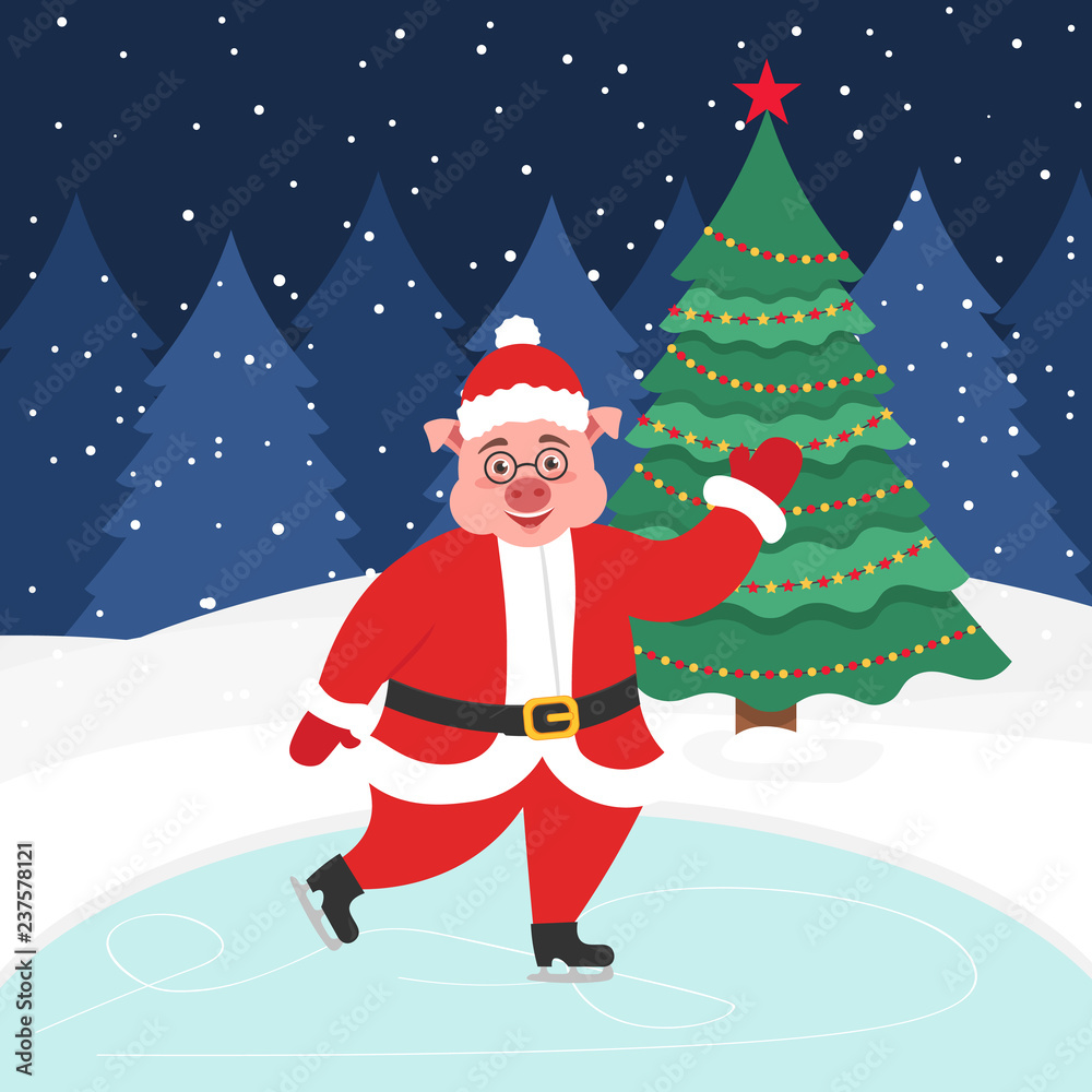 Happy new year and merry Christmas. Greeting card with christmas tree. Beautiful Santa-Pig skating on the winter ice-skating rink. Vector illustration. Happy new year and merry Christmas. Greeting card with christmas tree. Beautiful Santa-Pig skating on the winter ice-skating rink. Vector illustration.